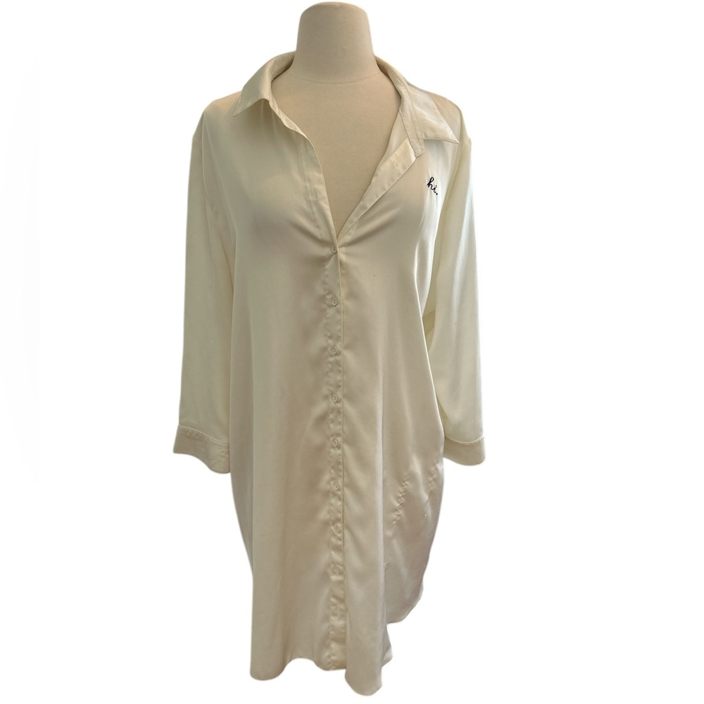 Sexy silk Cream Long Sleeve Notched Collar Shirt Dress
